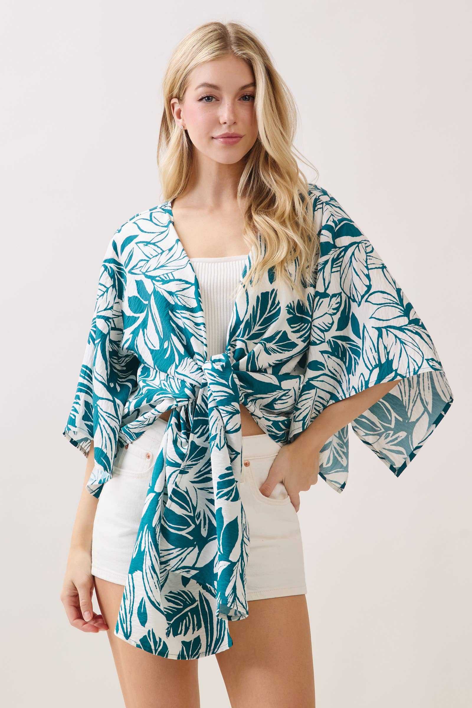 Tropical Print 3/4 Sleeve Tie Front Top