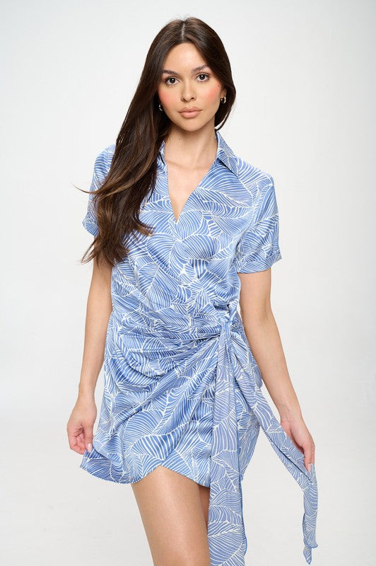 Leaf Print Wrap Tie Dress (2 COLORS)