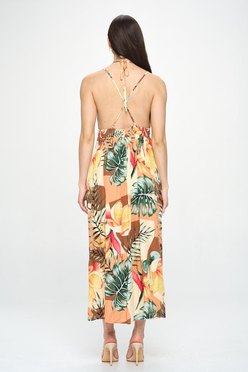 Monstera Halter Strappy Maxi Dress (PRE-ORDER ONLY)