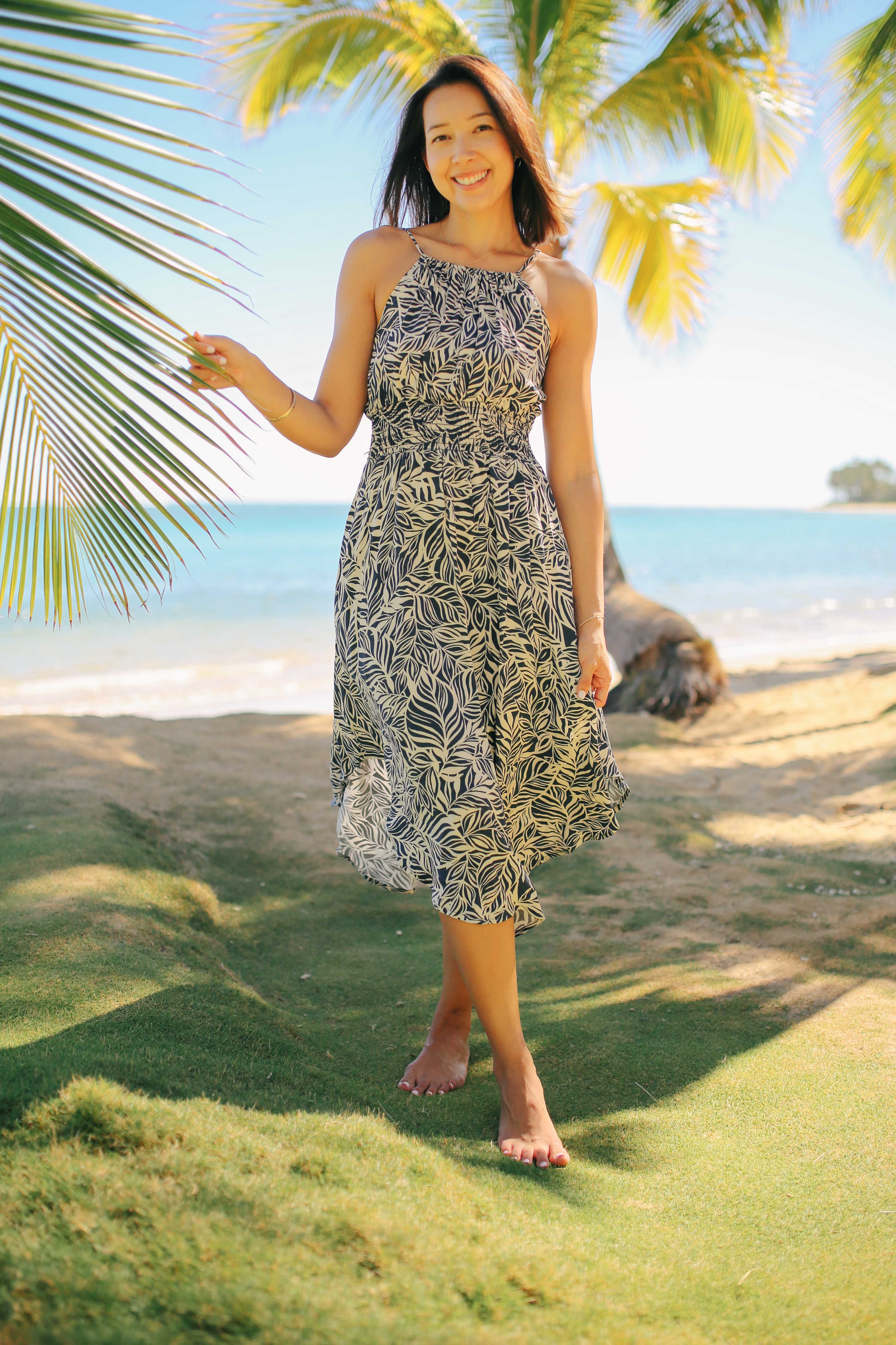 Leaf Print Halter Midi Dress