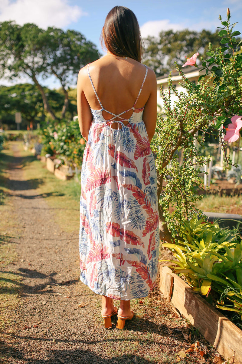 Leaf Motif Strappy Back Midi Dress