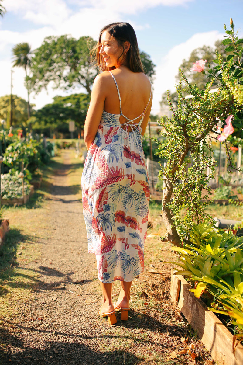 Leaf Motif Strappy Back Midi Dress