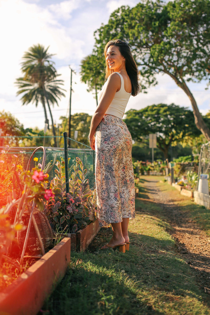 Satin floral maxi clearance skirt