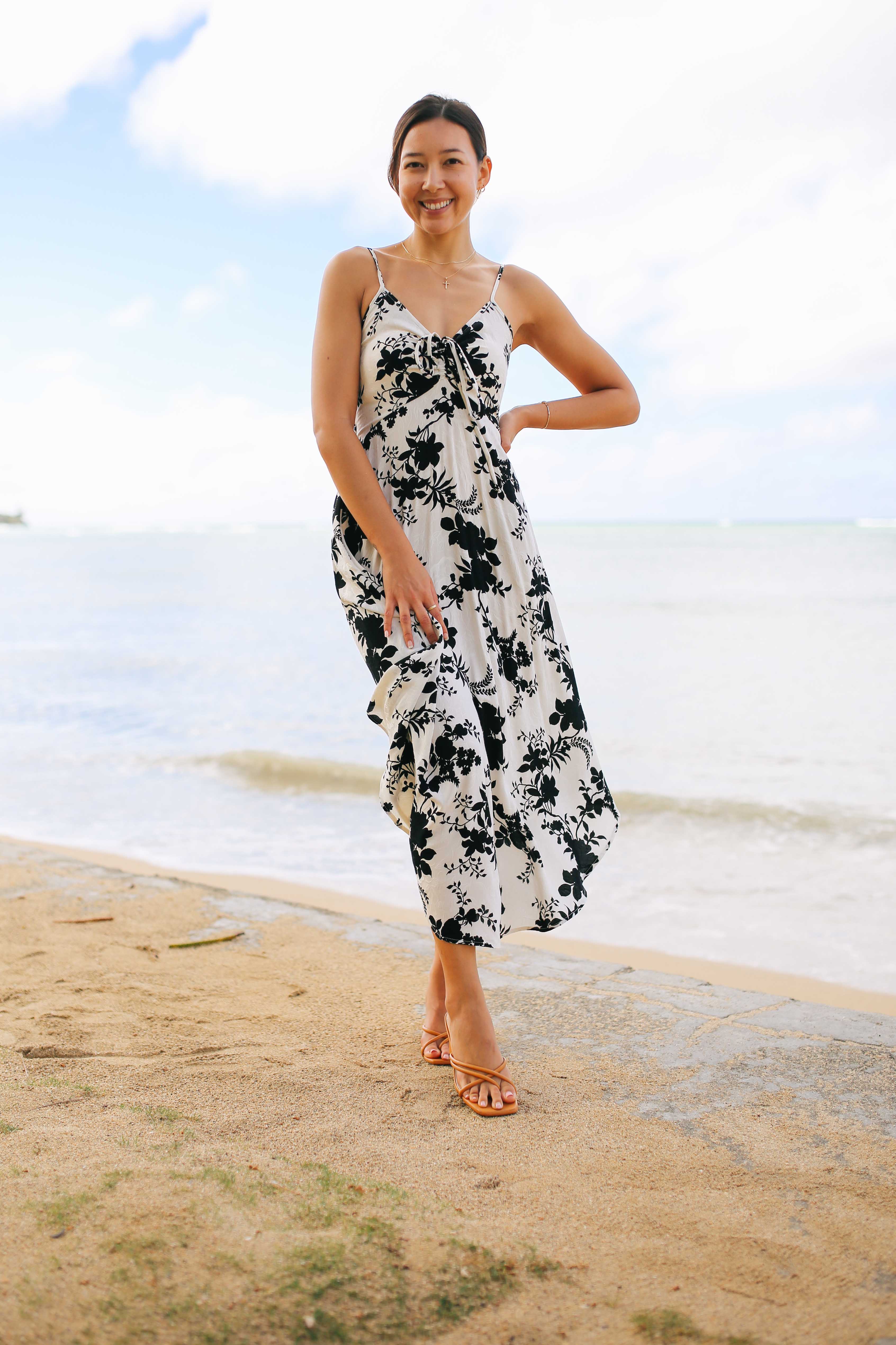 B&W Floral Ruche Midi Dress (RESTOCKED)