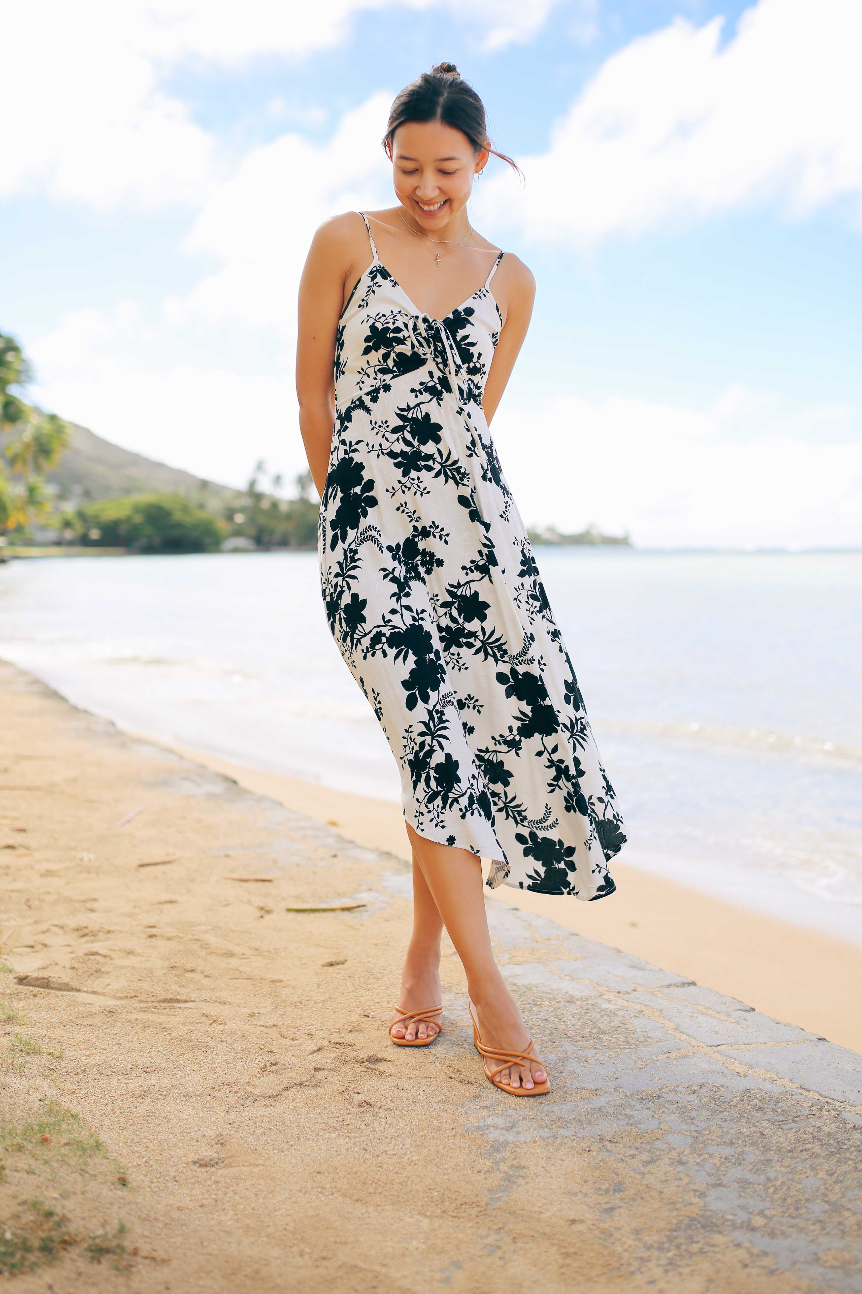 B&W Floral Ruche Midi Dress (RESTOCKED)