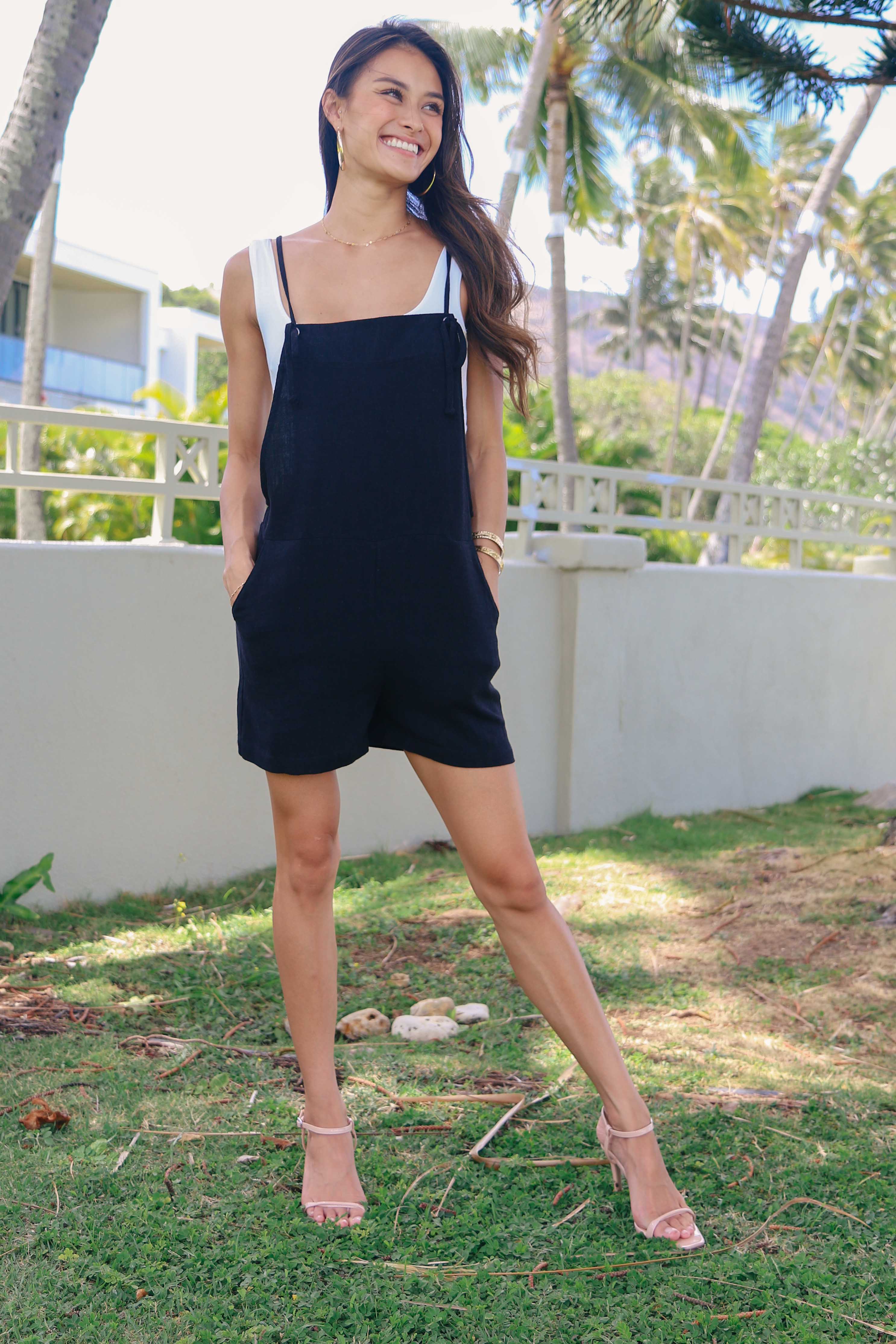 Linen Tie Strap Romper (BLACK RESTOCK)