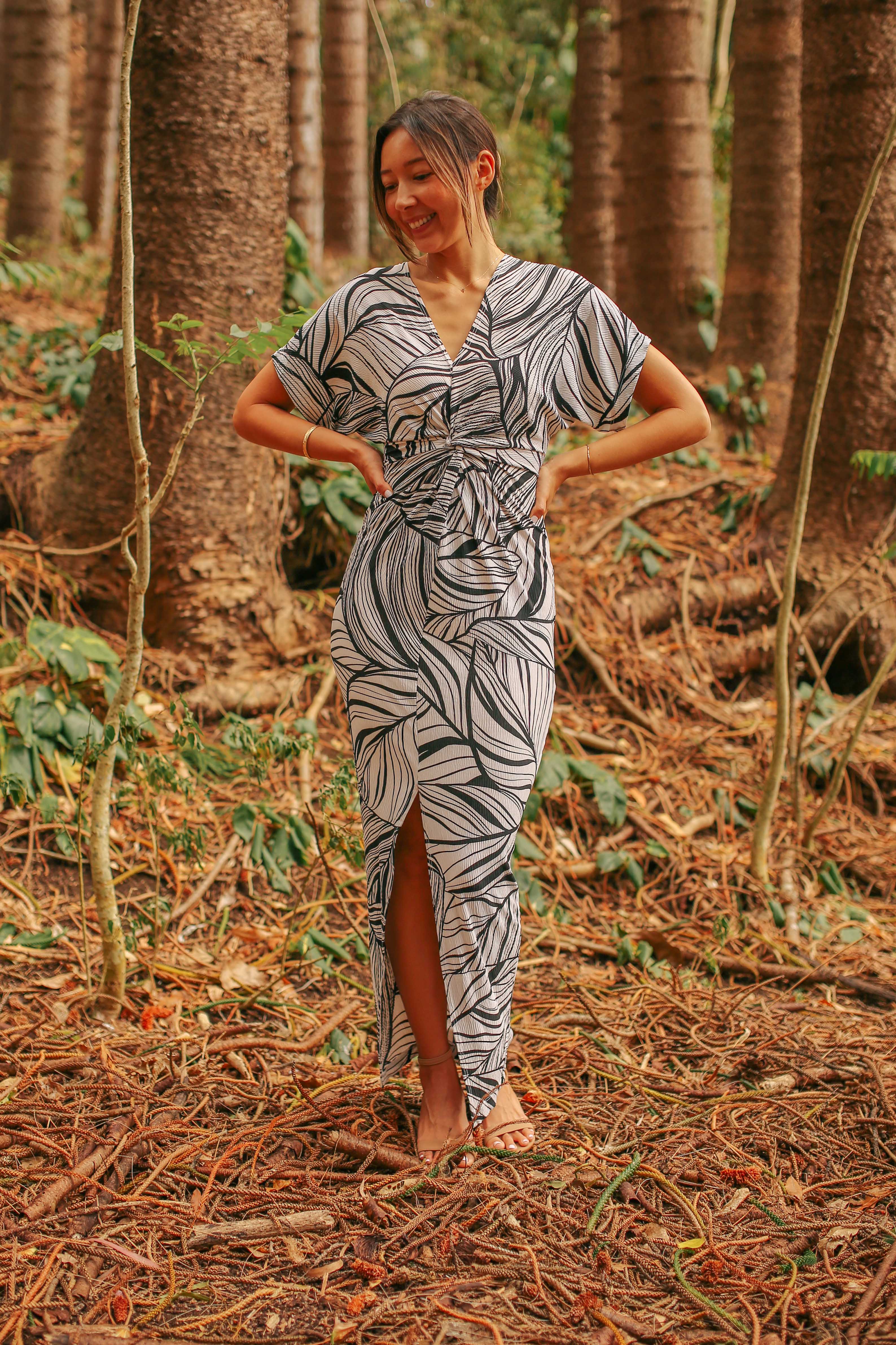 Twist Front Leaf Print Maxi Dress