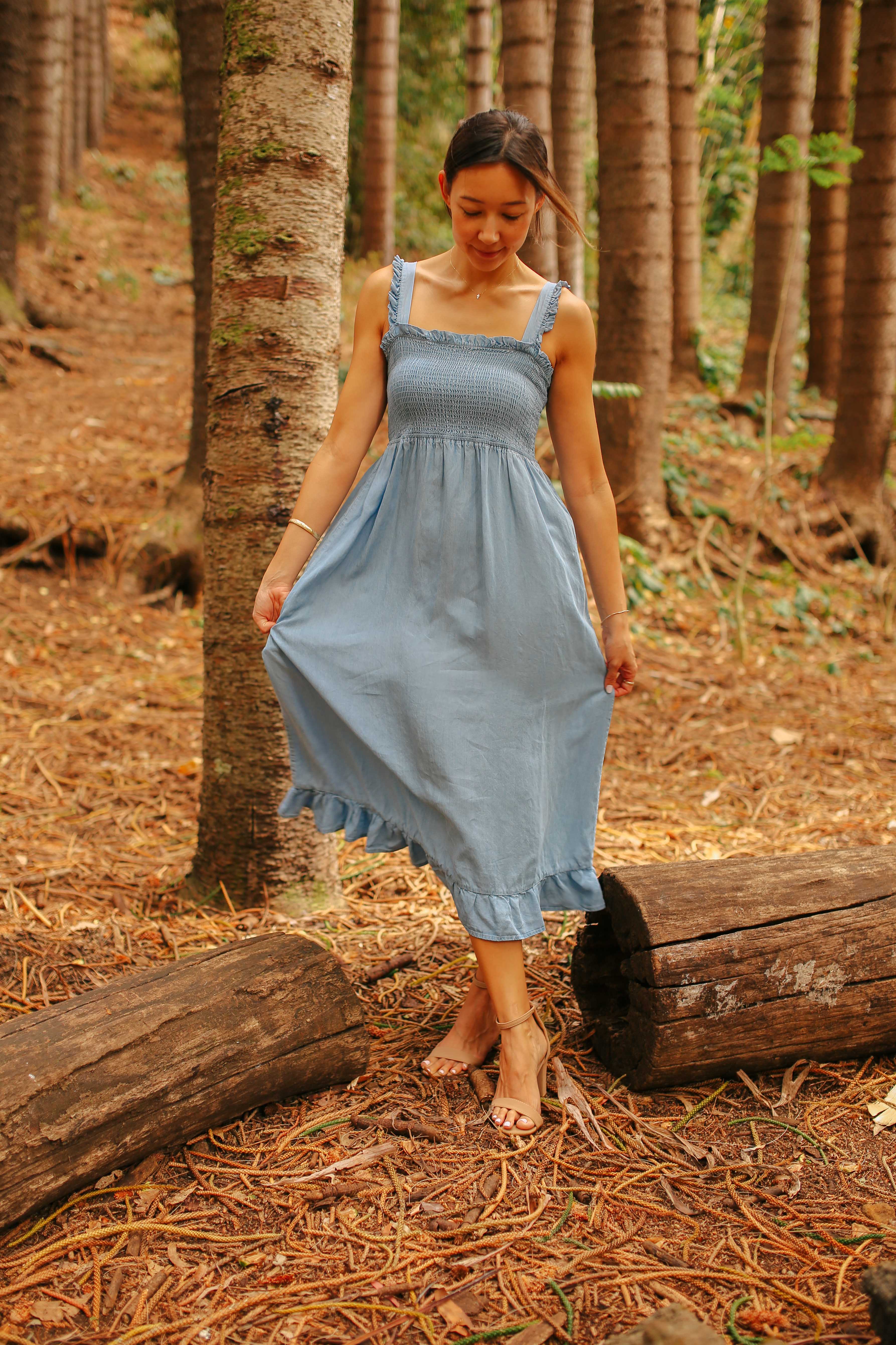 Tencel Smocked Bodice Midi Dress