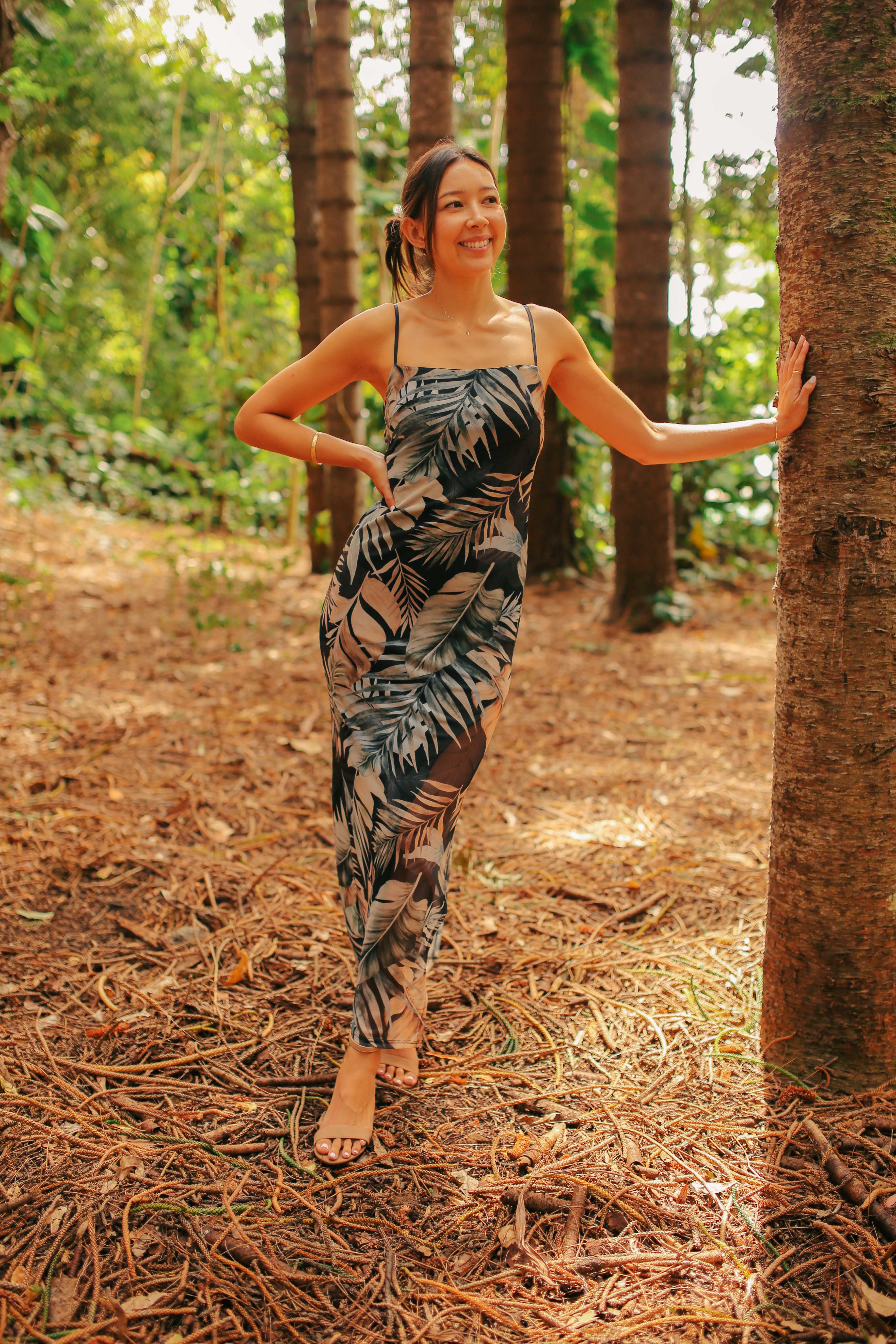 Tropical Side Slit Mesh Maxi Dress