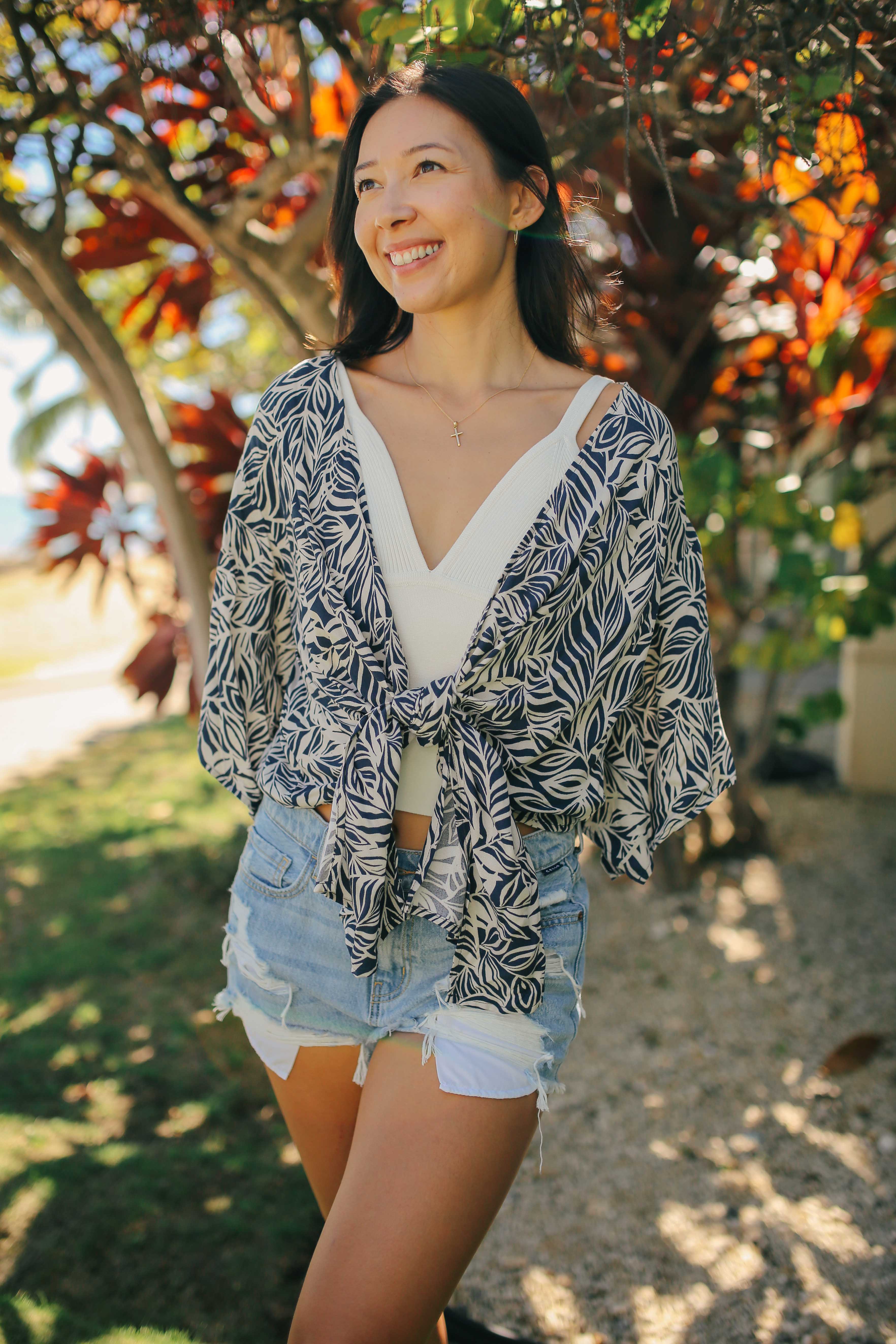 Leaf Print Tie Front Top