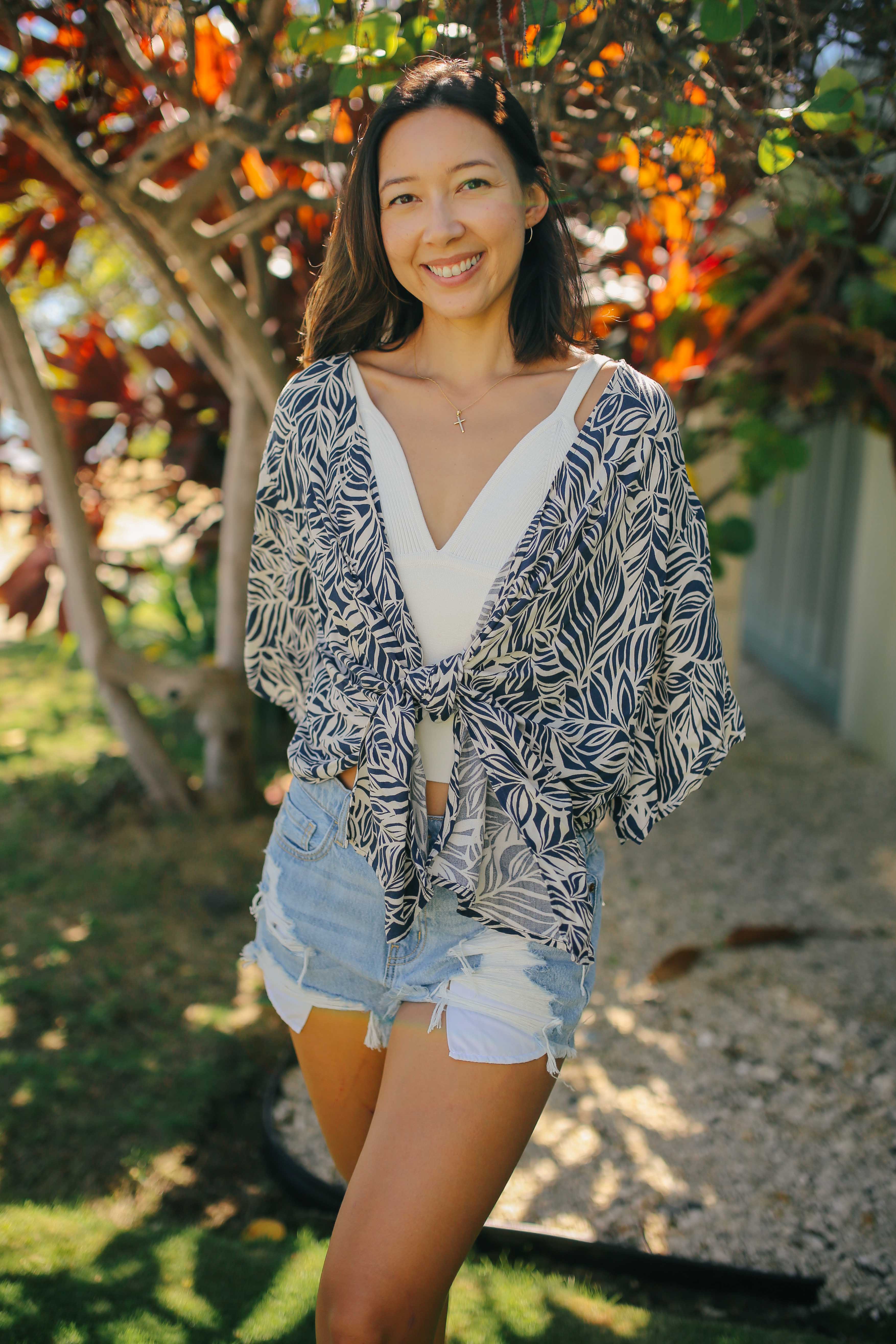 Leaf Print Tie Front Top