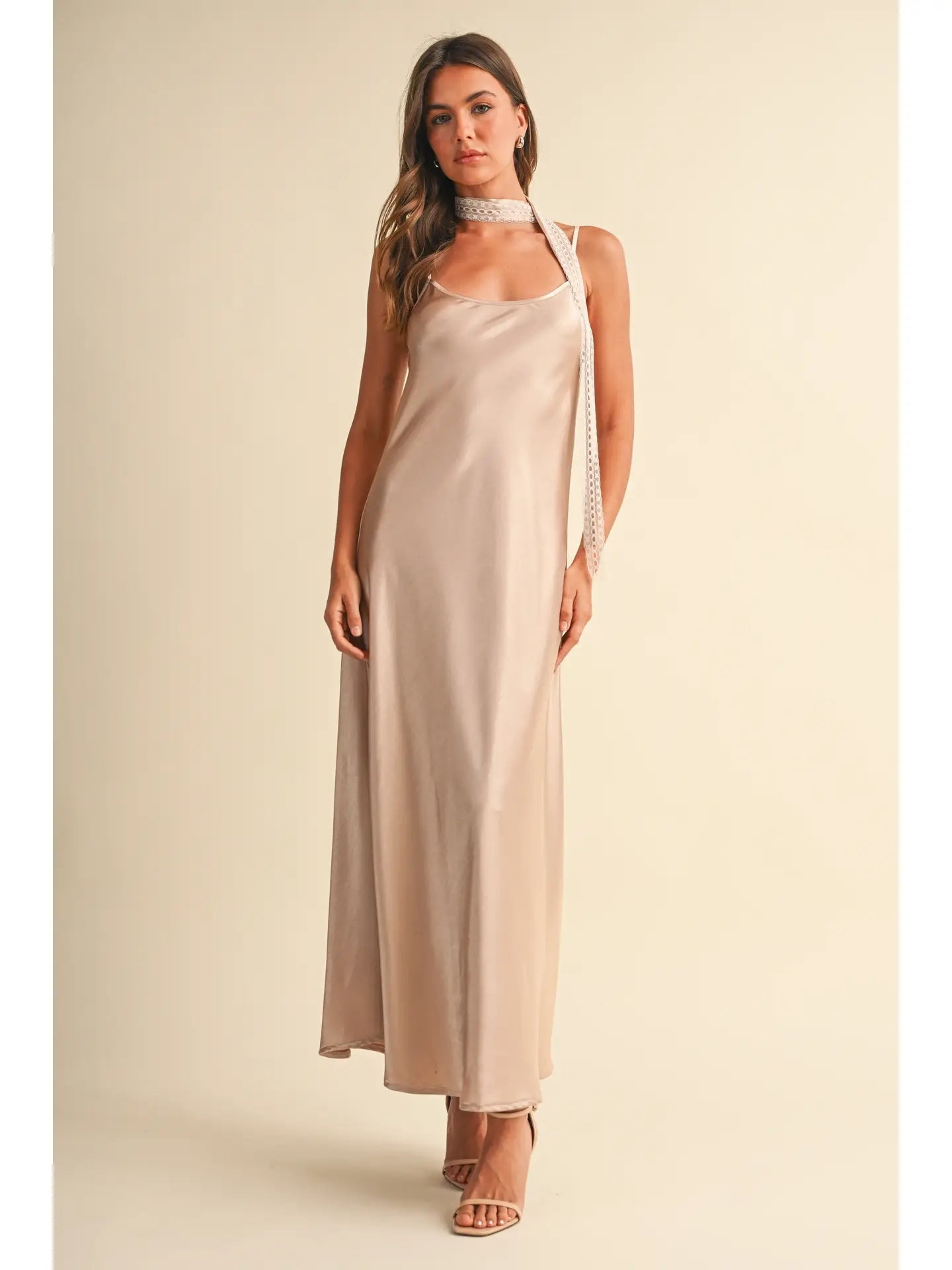SLEEVELESS SATIN MIDI DRESS W/ SCARF