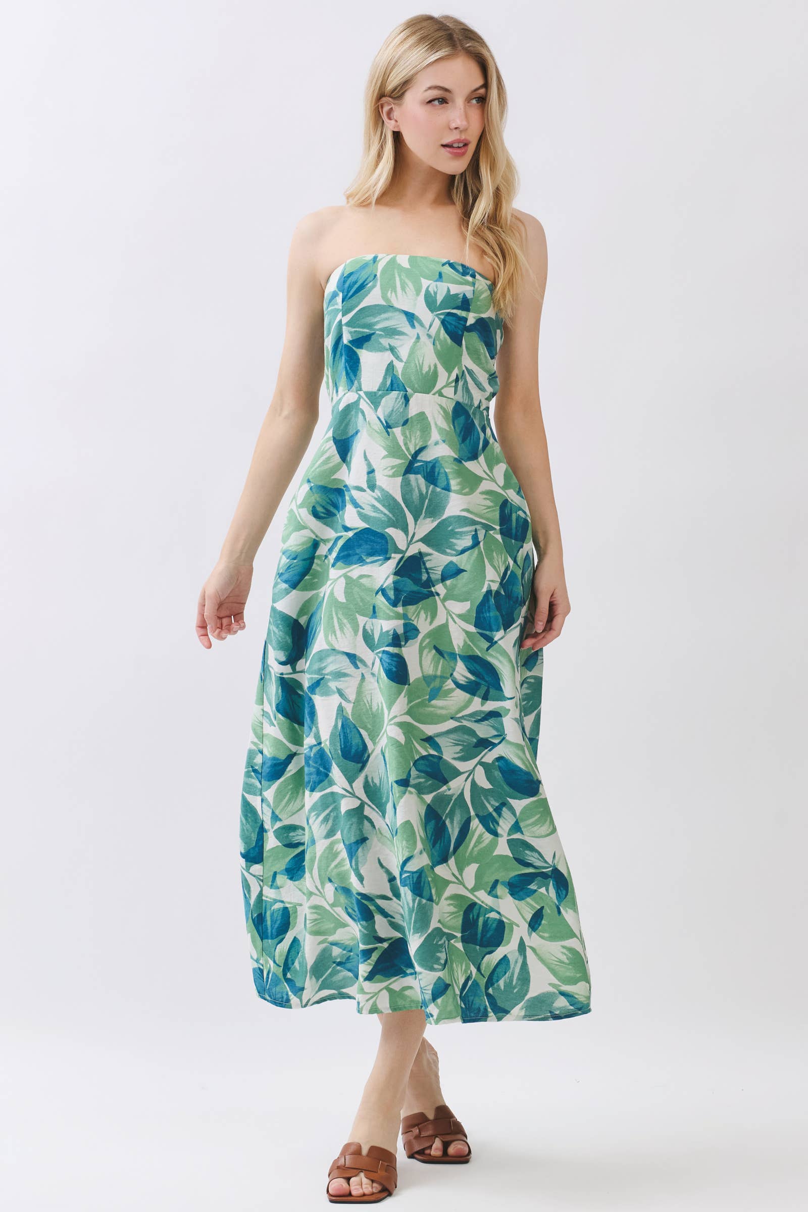 Leaf Print Tube Top Midi Dress