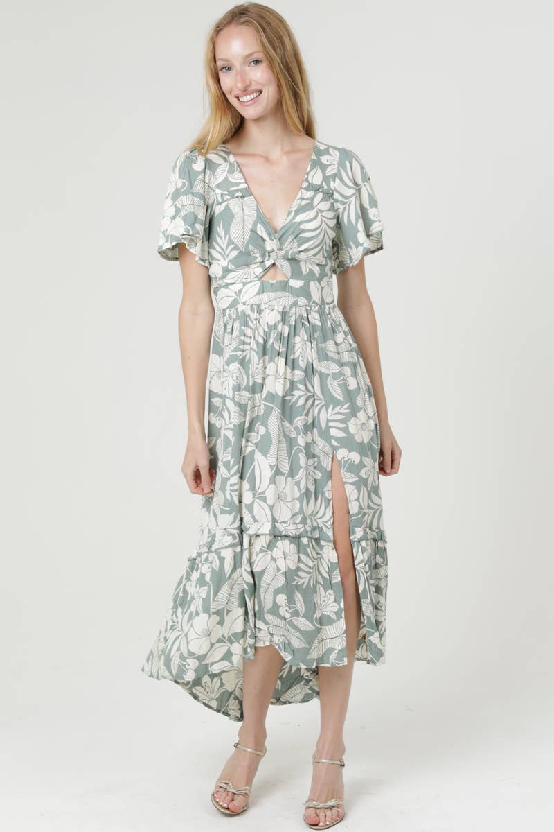 V NECK TWIST FRONT MIDI DRESS WITH SLIT