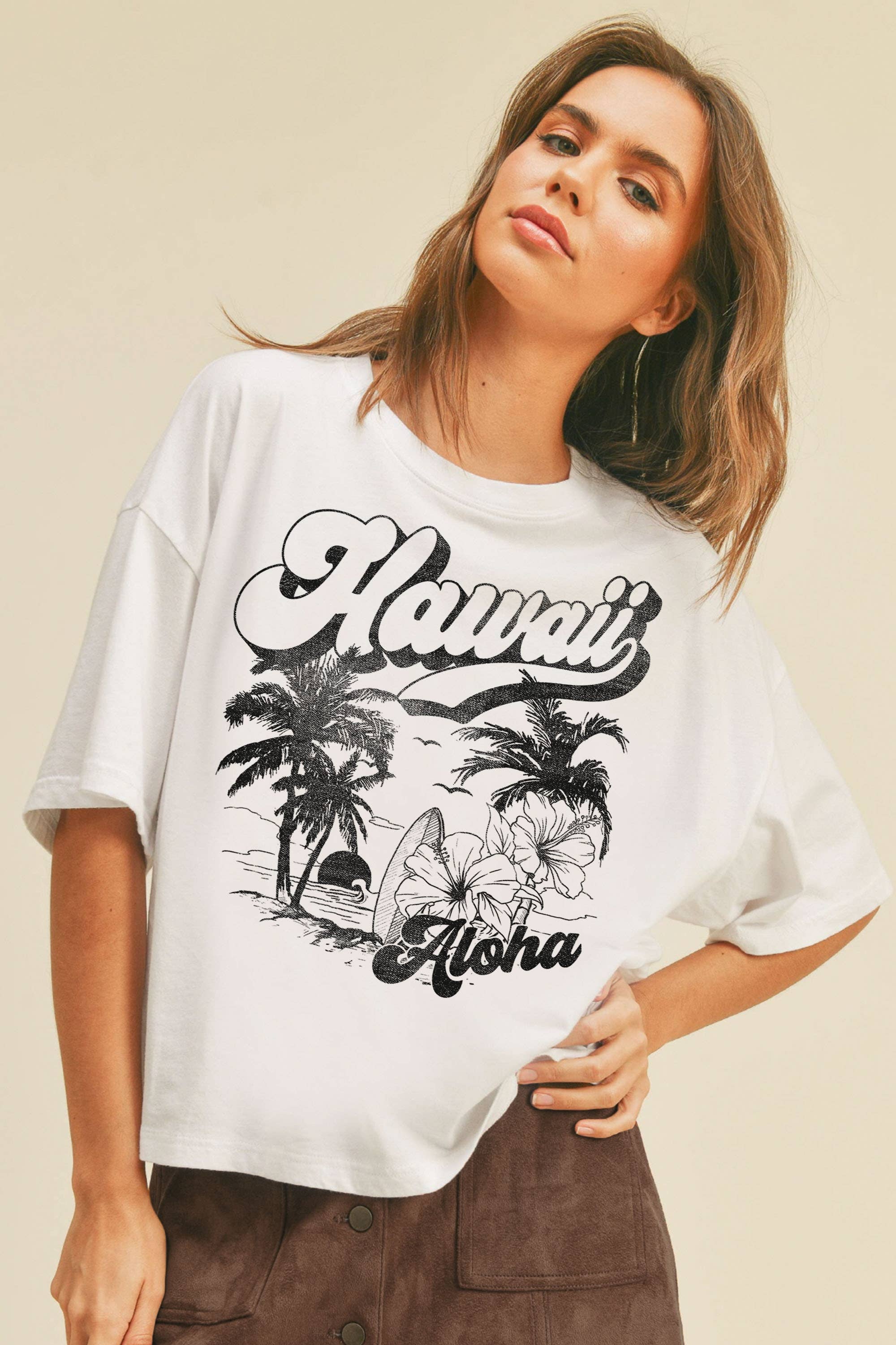 Hawaii Aloha Graphic Long Cropped T-Shirt