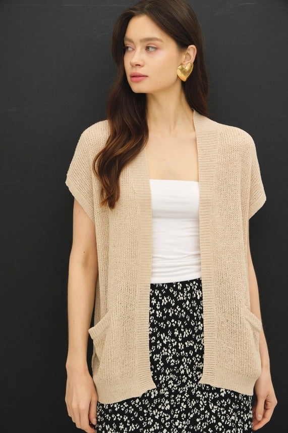 Knit Short Sleeved Open Cardigan