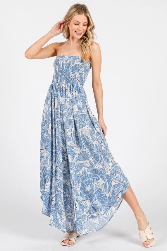 Leaf Print Smock Strapless Jumpsuit