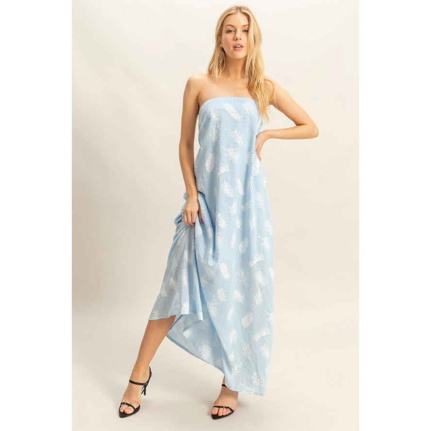 Leaf Print Strapless Tie Back Maxi