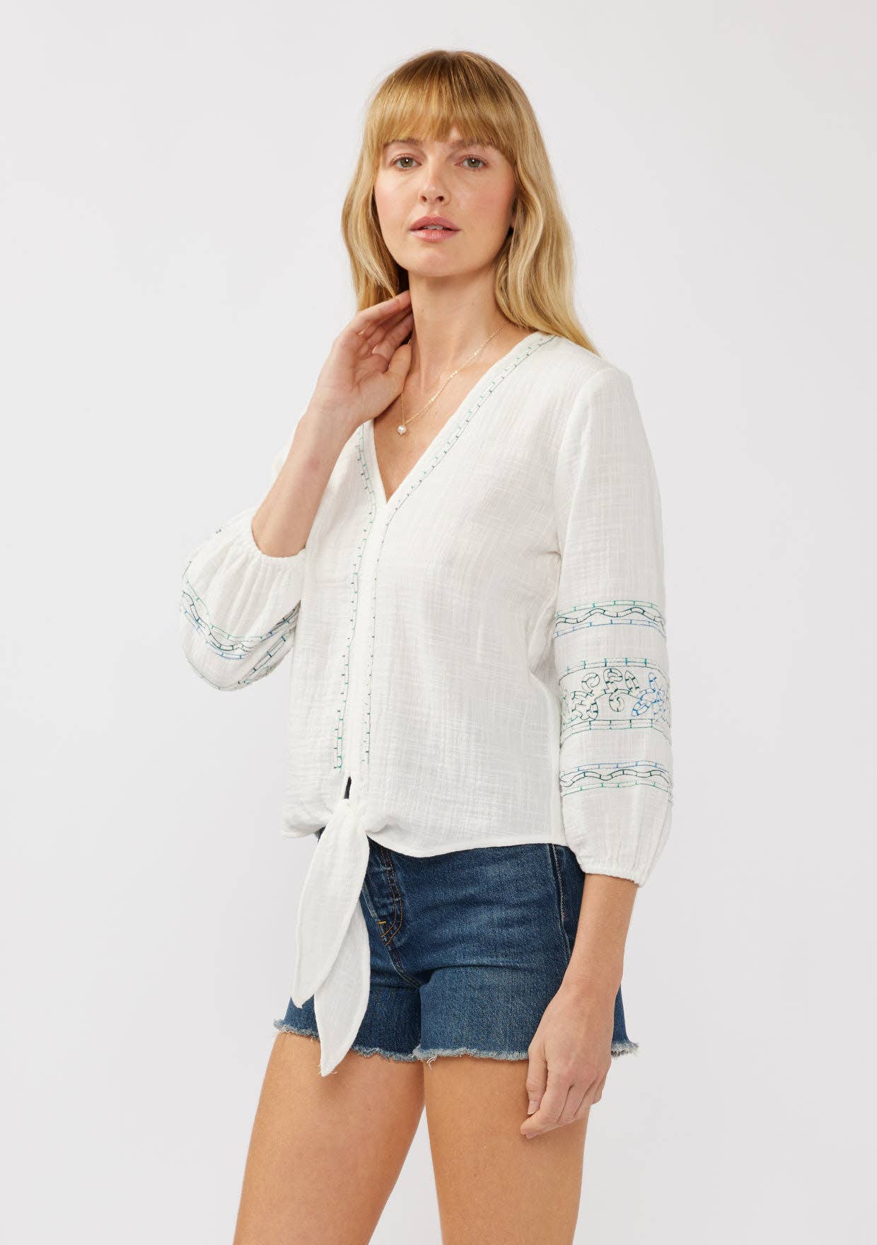 3/4 Embroidered Sleeve Tie Front Top