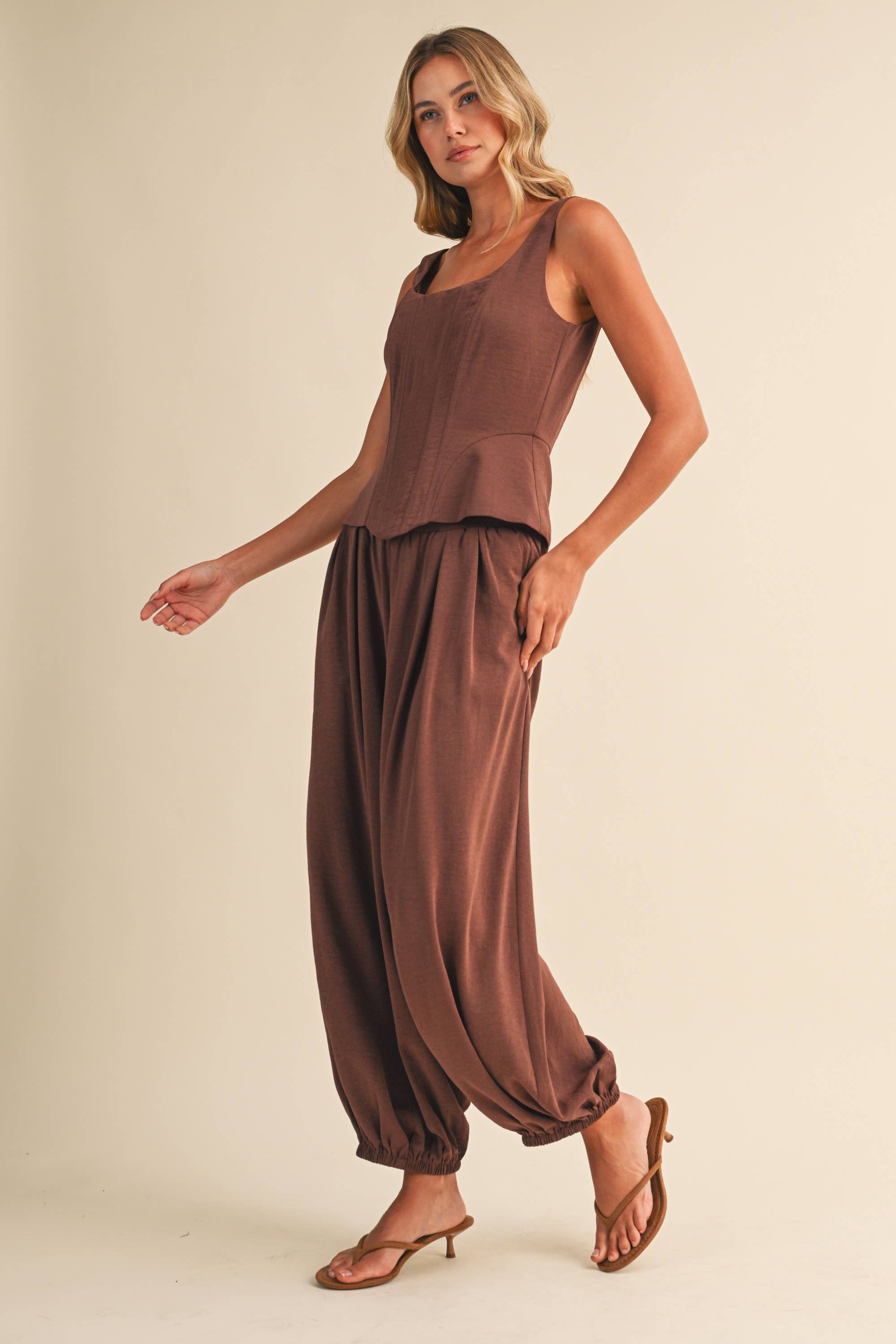 SATIN-LIKE STRUCTURE CORSET TOP AND BALLOON PANTS (sold separately)