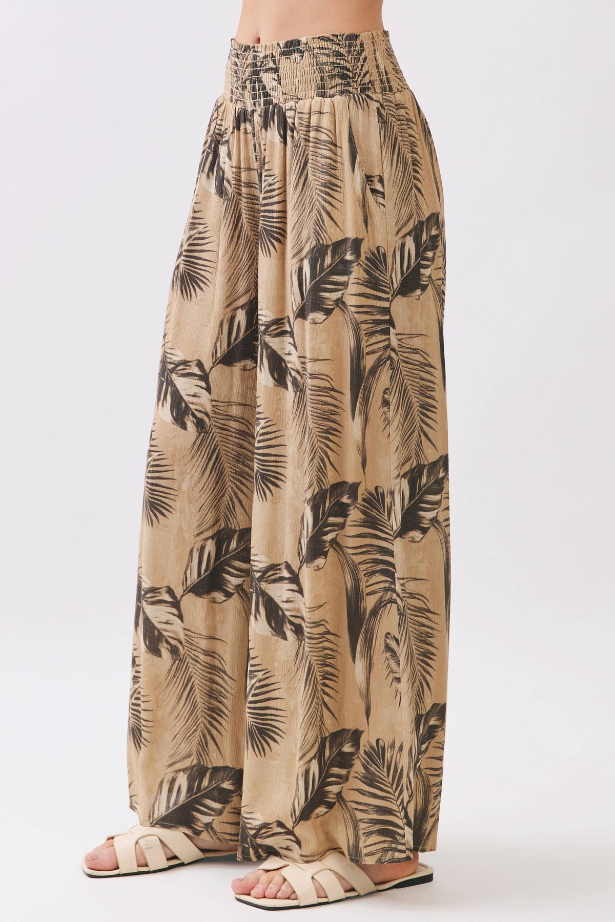 Leaf Print Smock Waist Pants