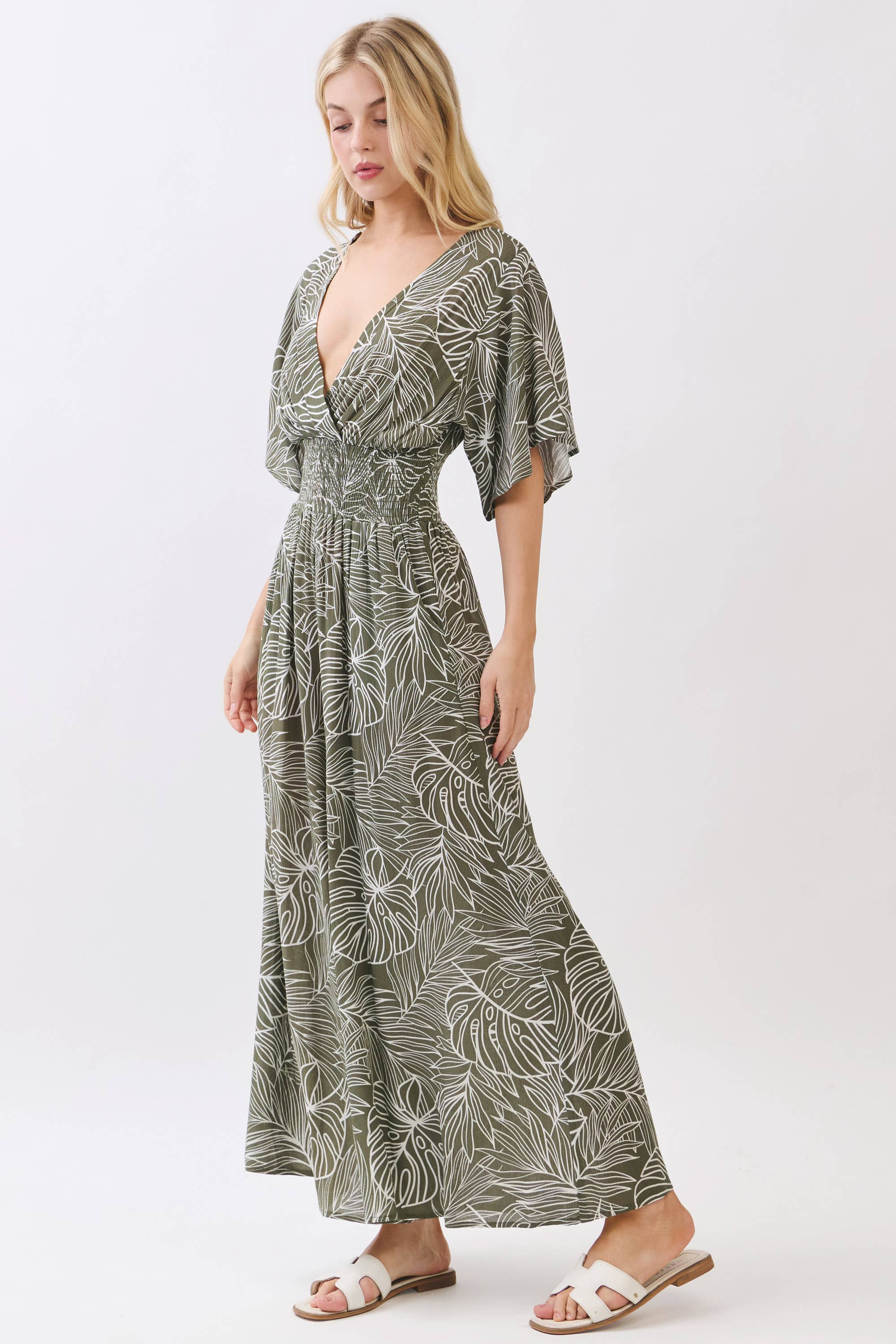 LEAF PRINT SURPLICE WIDE LEG JUMPSUIT