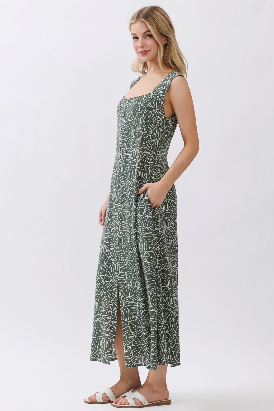 MONSTERA BUTTON DOWN MIDI DRESS