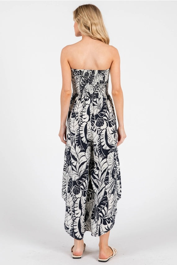 Tropical Strapless Smocked Jumpsuit