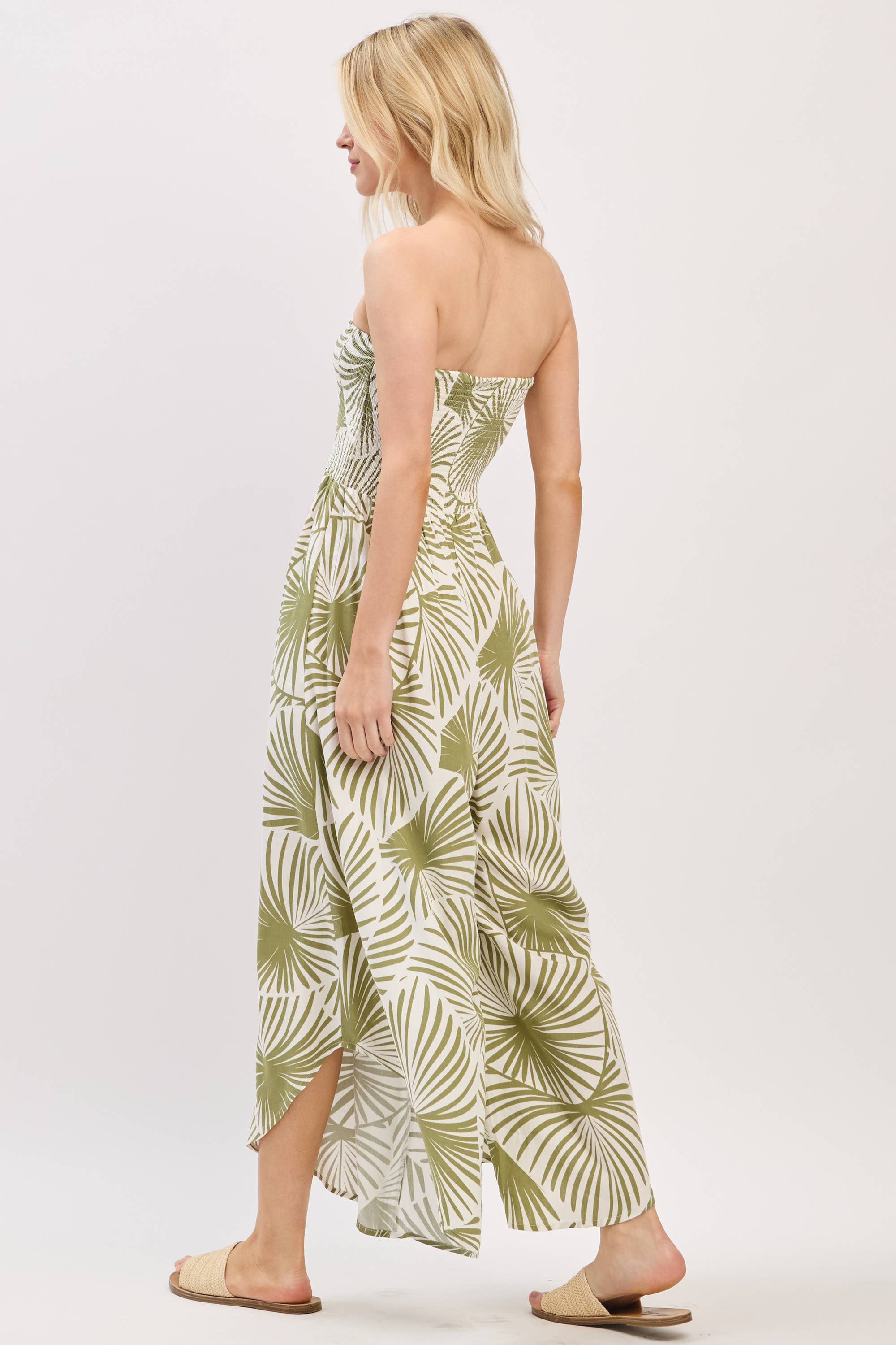 Palm Print Smocked Top and Wide Leg Jumpsuit