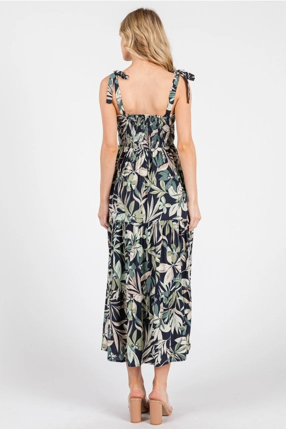 Smocked Tie Strap Midi Dress
