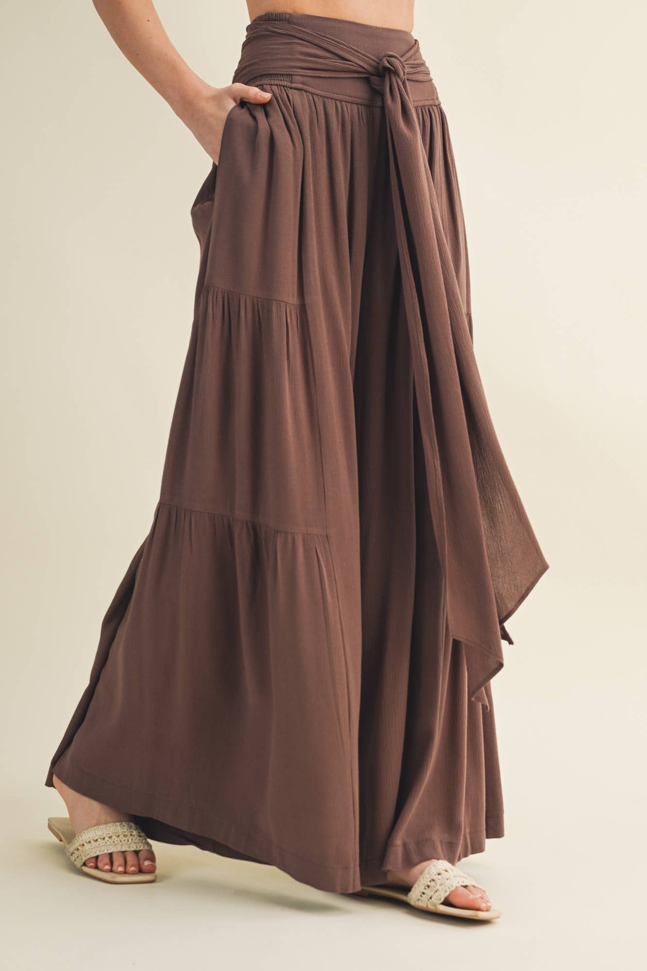 Smocked Tie-Waist Tiered Palazzo Pant