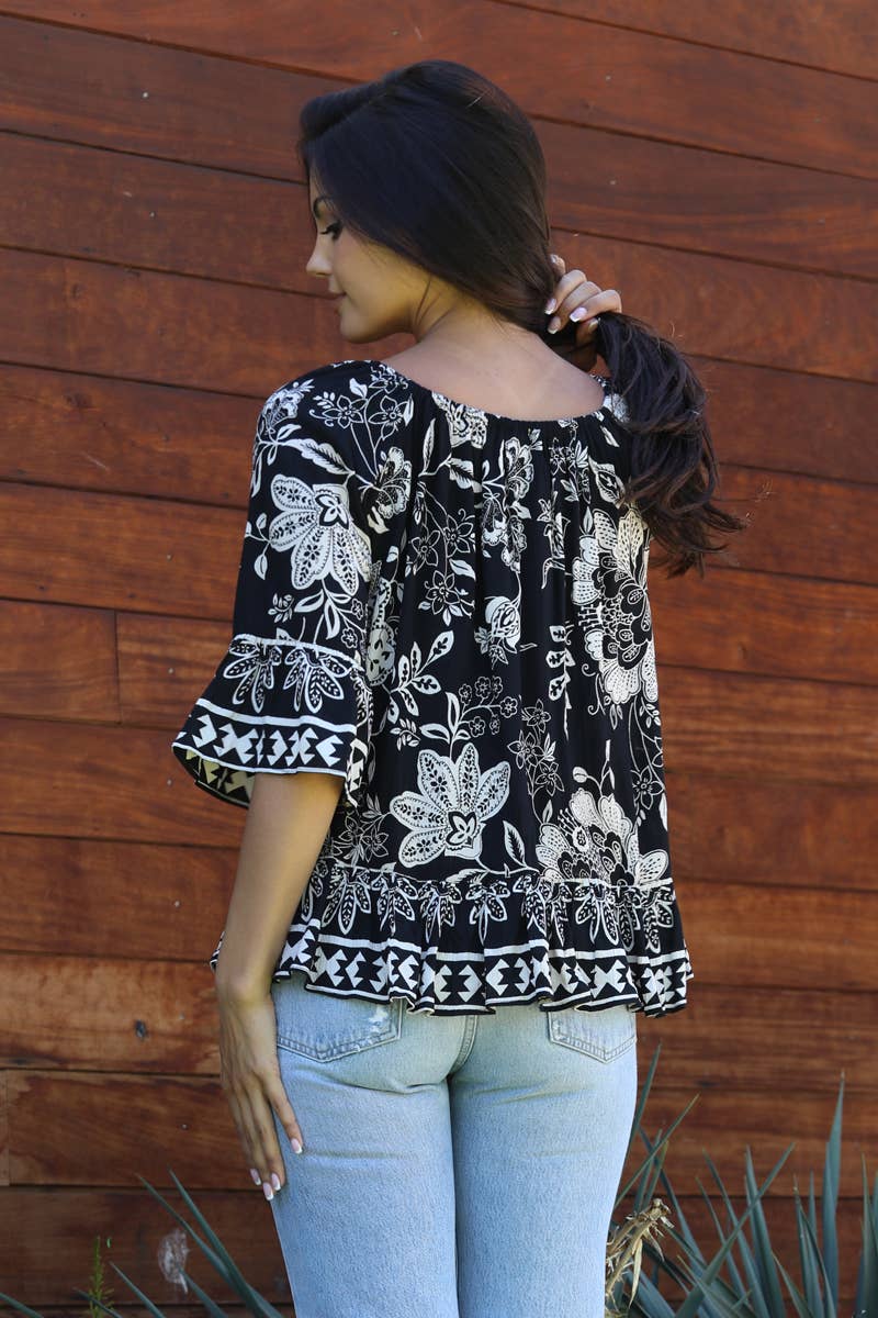 Border Print Flare Sleeve Blouse