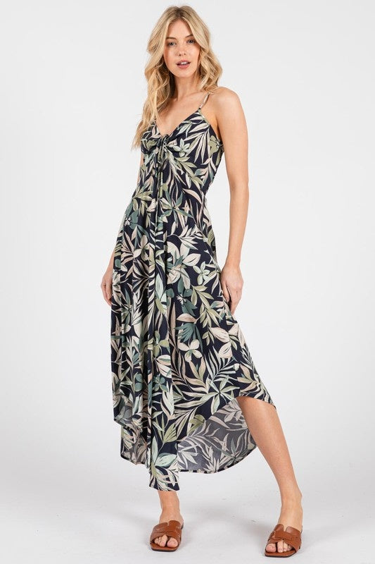 Tropical Print Cinch Tie Midi Dress