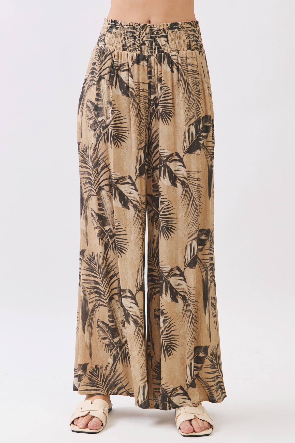 Leaf Print Smock Waist Pants