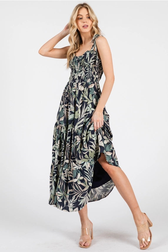 Smocked Tie Strap Midi Dress
