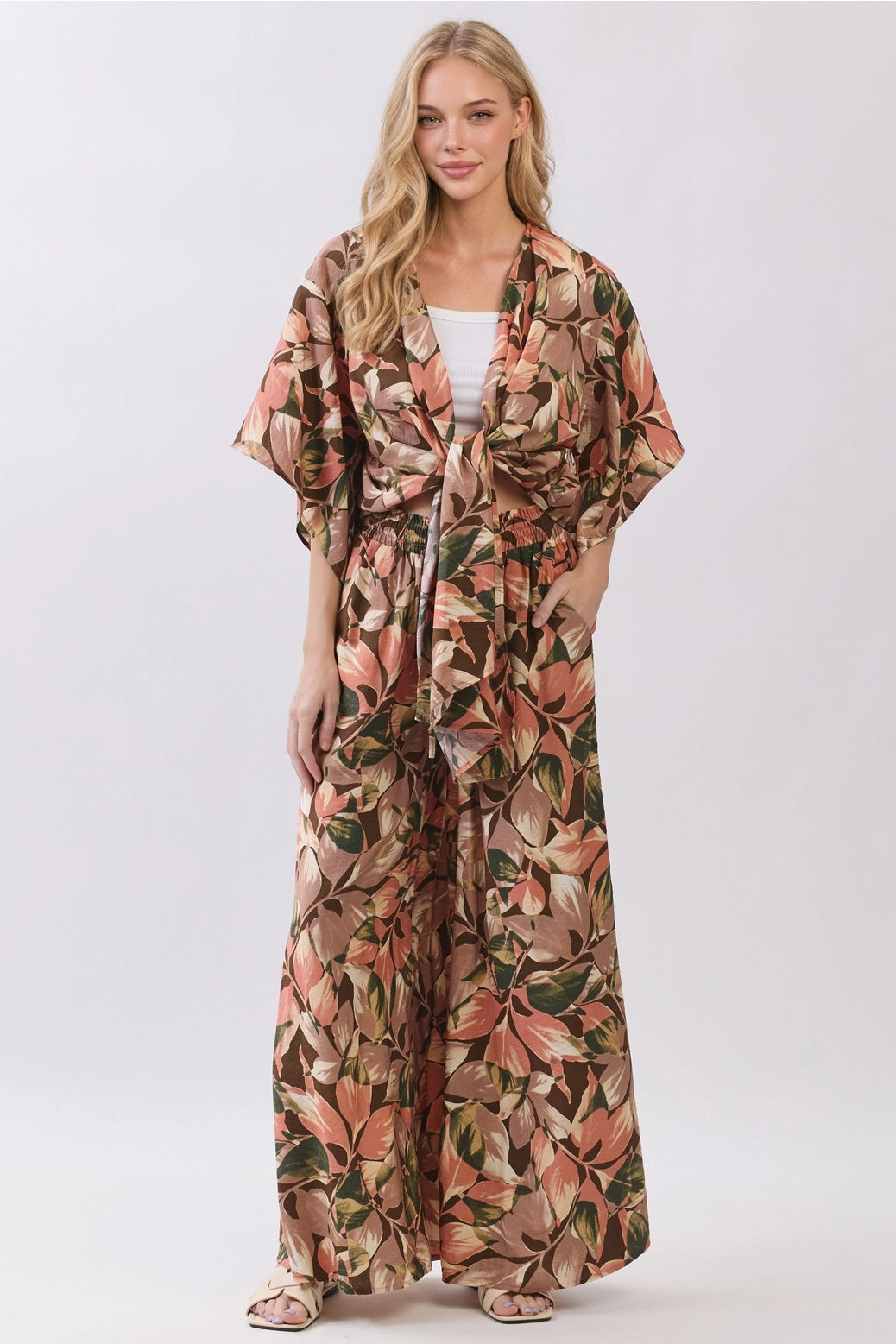Leaf Print Drawstring Tie Waist Pants