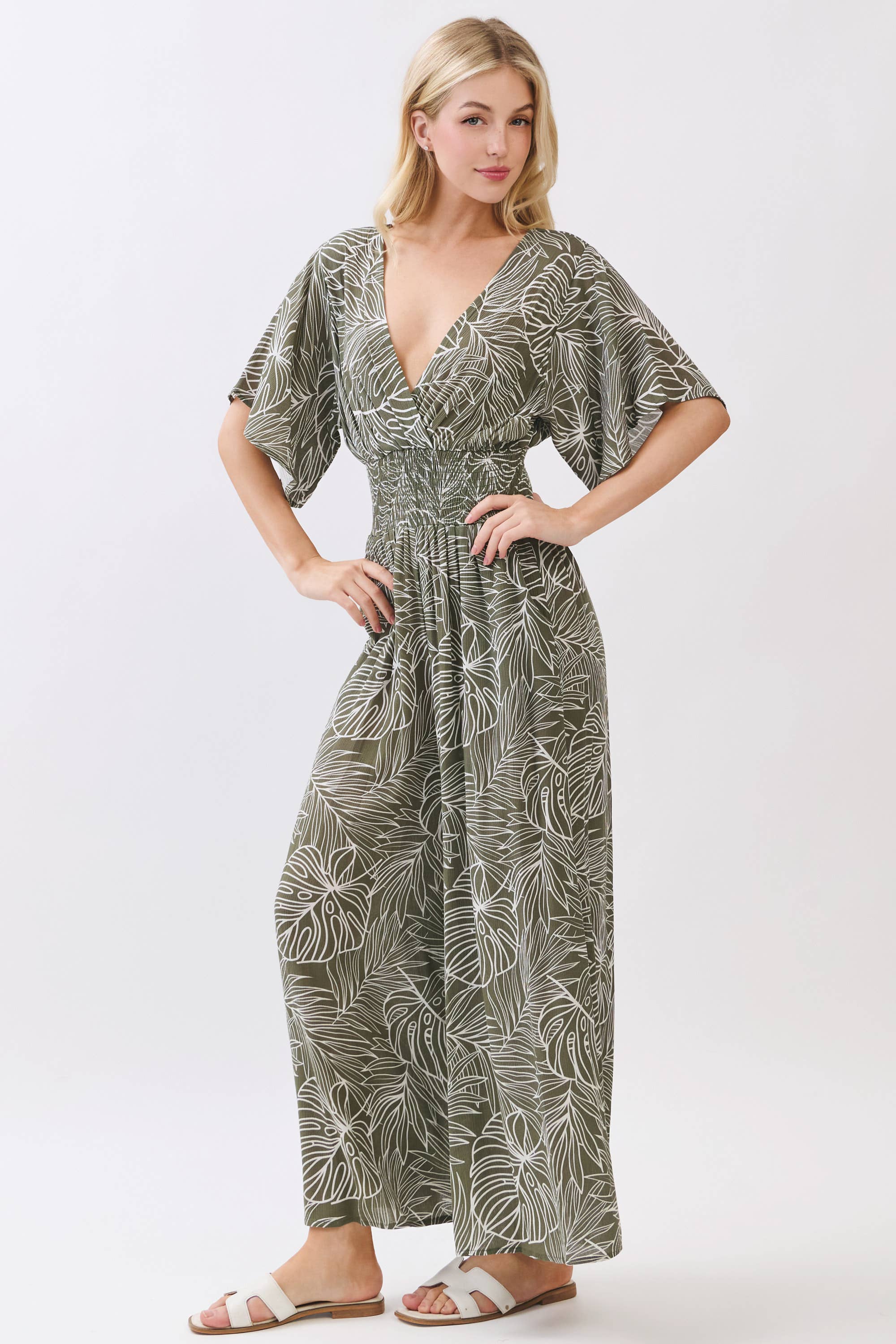LEAF PRINT SURPLICE WIDE LEG JUMPSUIT
