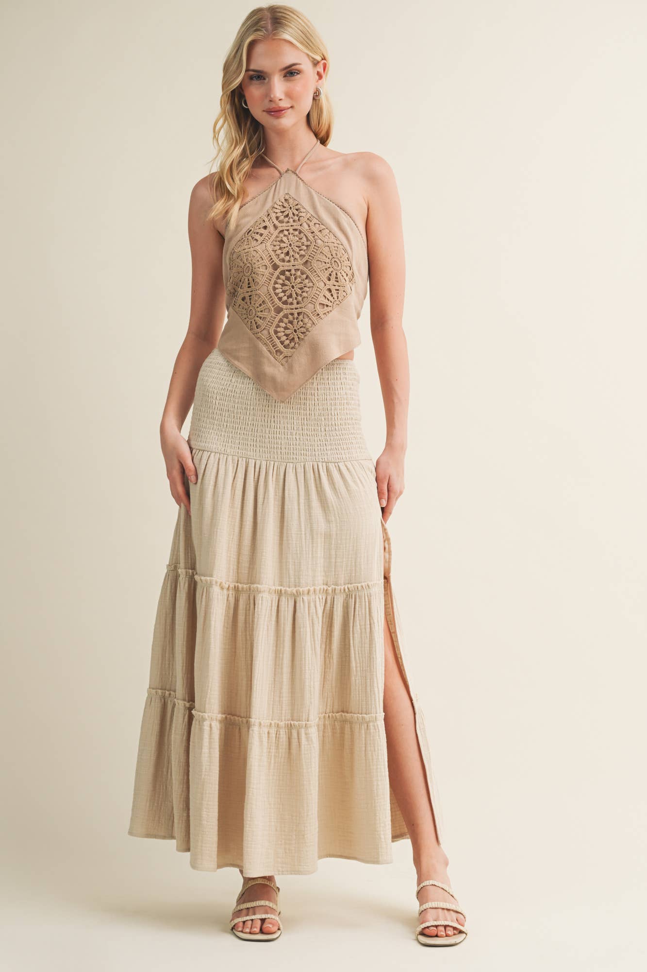 Smocked Waist High Slit Tiered Maxi