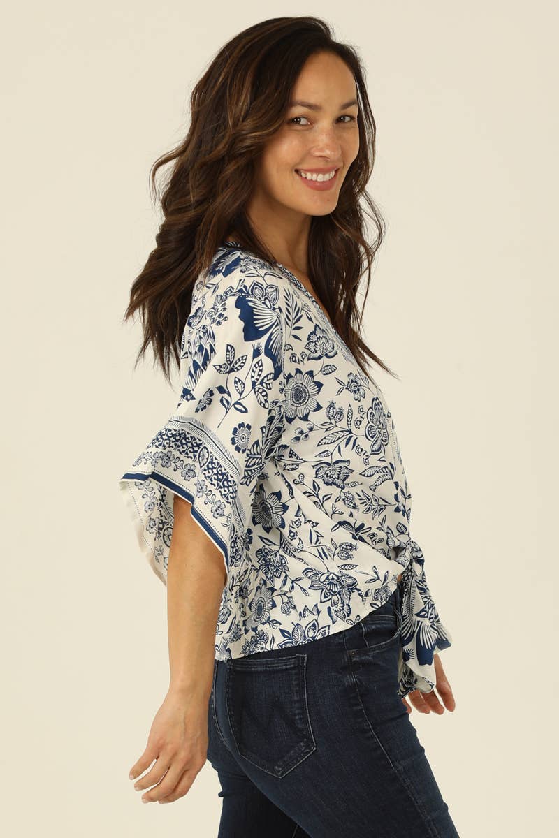 Coastal V-Neck Tie Hem Blouse