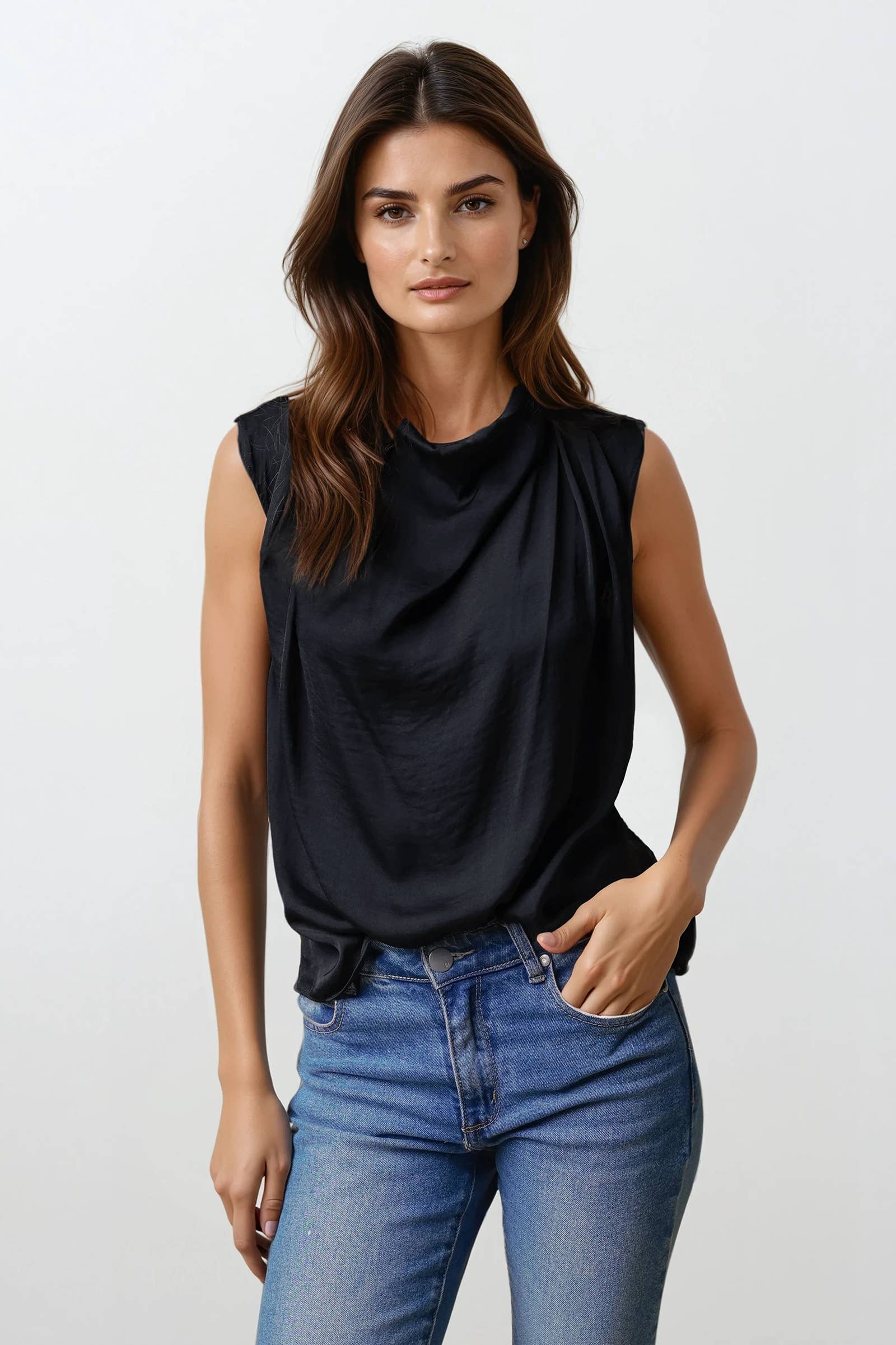 Draped Sleeveless Top With Gathered Neckline