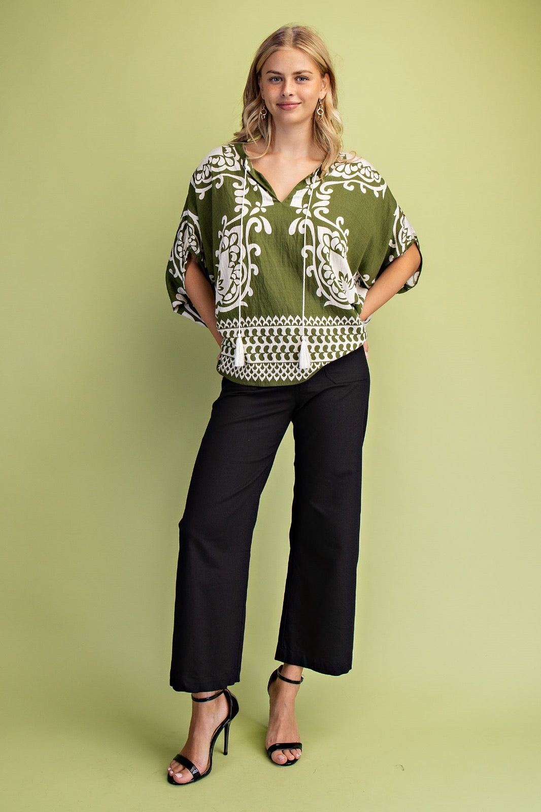 Printed Dolman Top w/Tassel