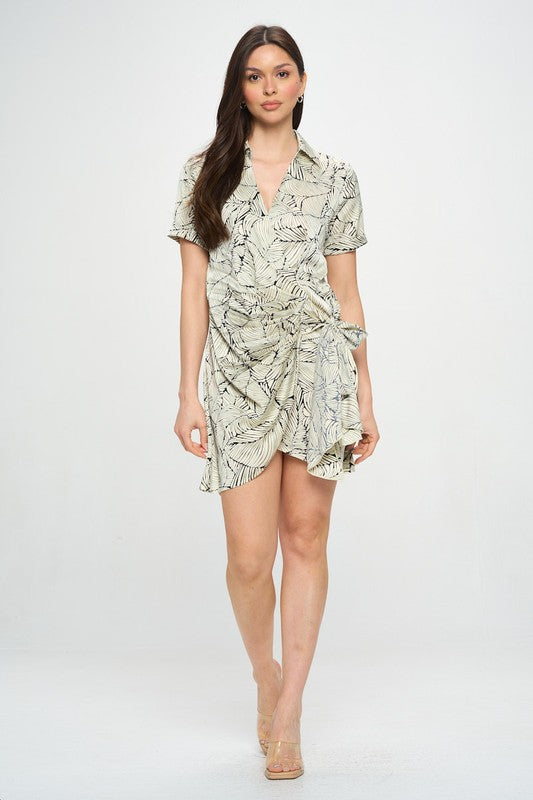 Leaf Print Wrap Tie Dress (2 COLORS)