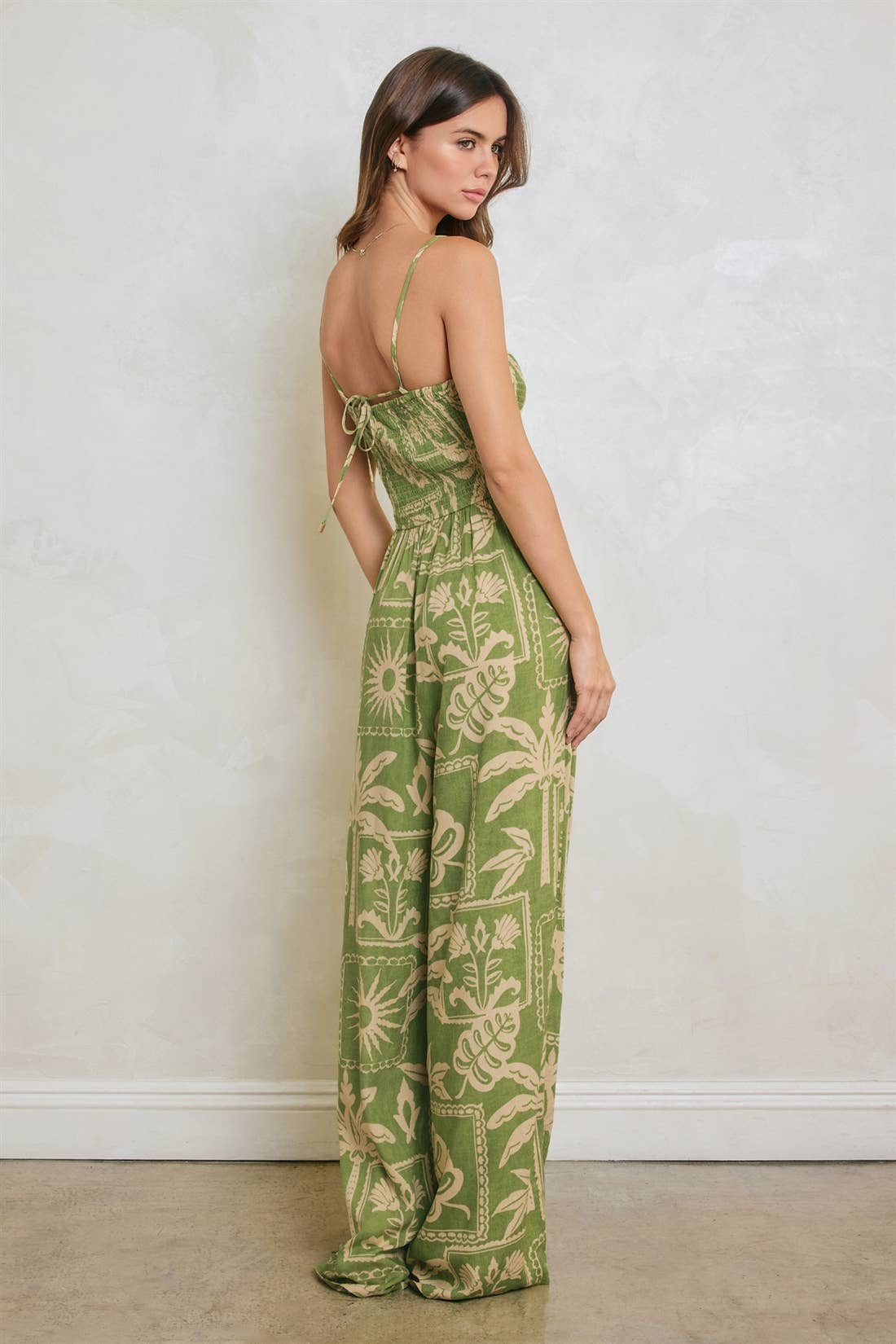 Tropical Conversational Smocked Wide Leg Jumpsuit