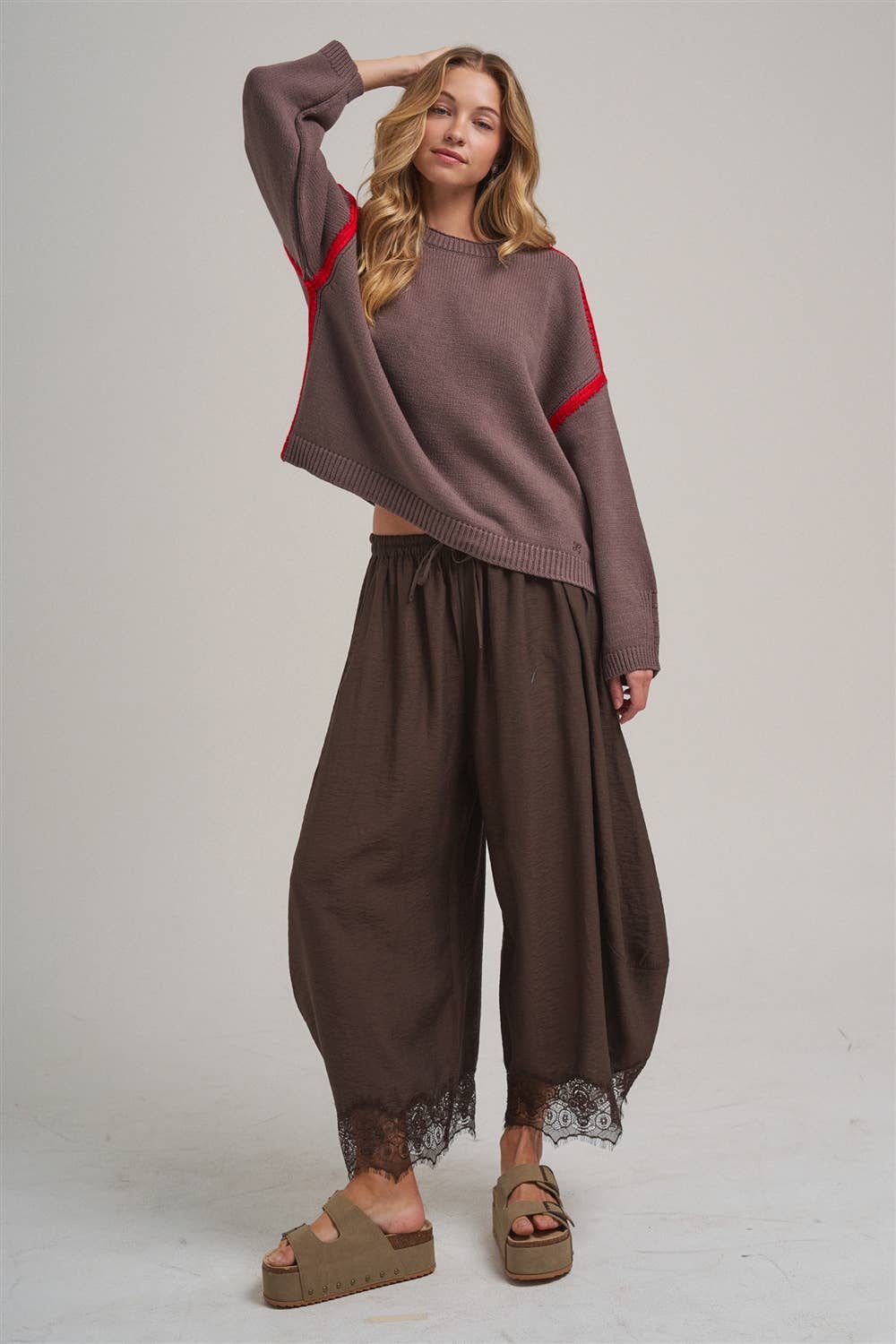 Lace Hem Wide Leg Balloon Pants