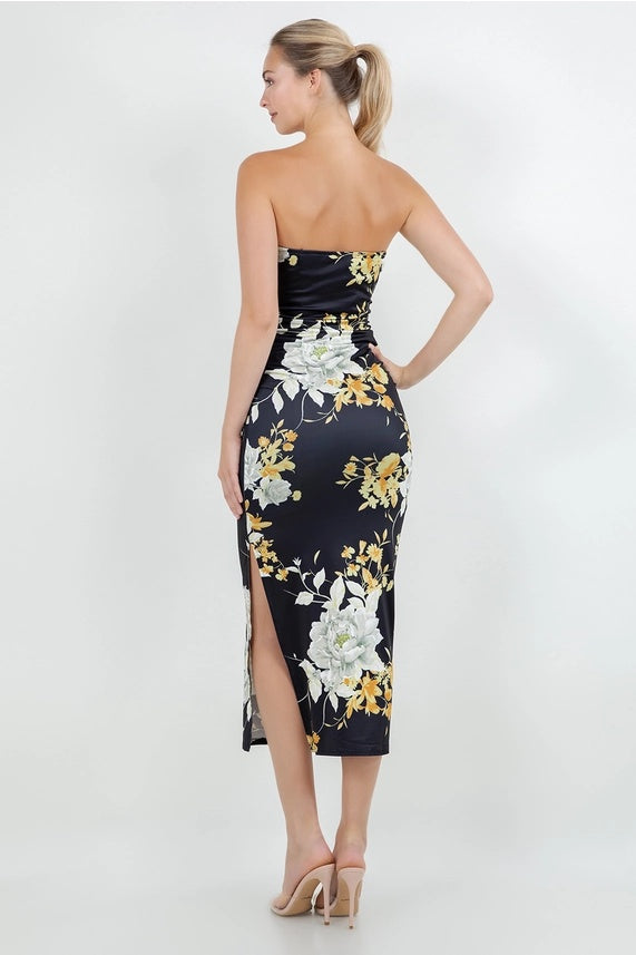 Floral Bodycon Midi Dress w/ Crystal Accent