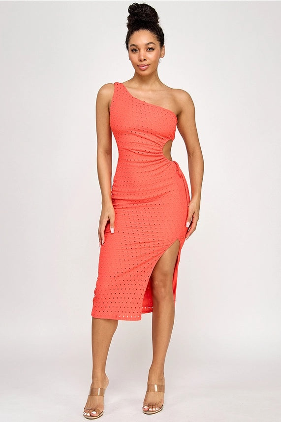 Eyelet One Shoulder Midi Dress