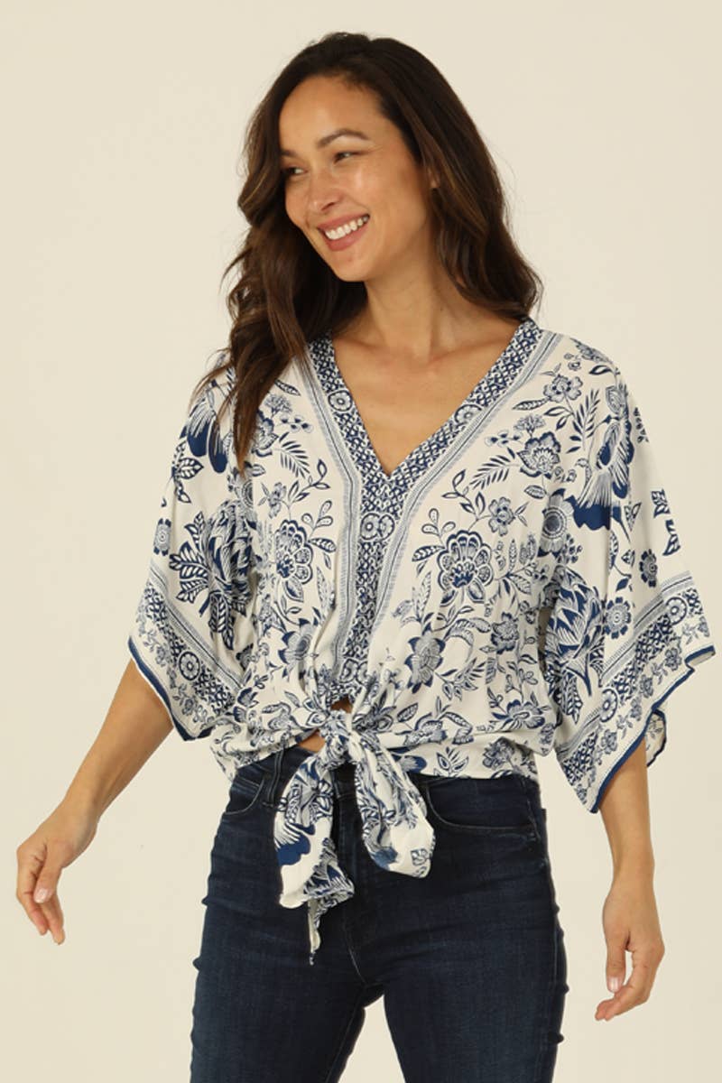 Coastal V-Neck Tie Hem Blouse