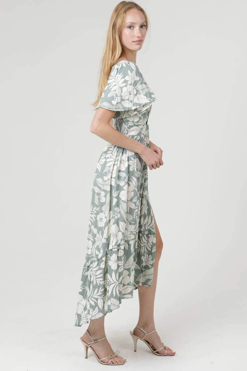 V NECK TWIST FRONT MIDI DRESS WITH SLIT