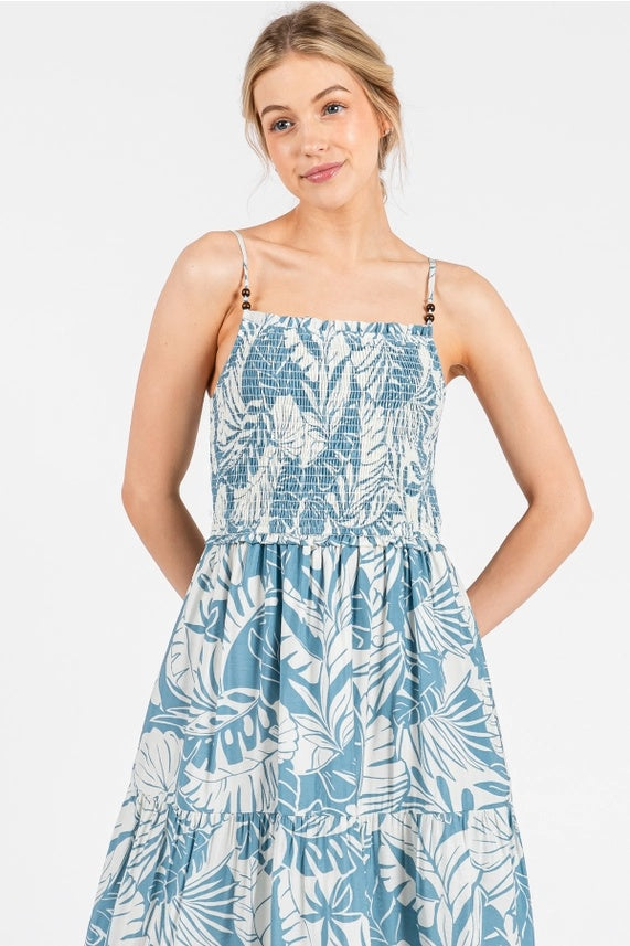 Tropical Smocked Tiered Midi Dress