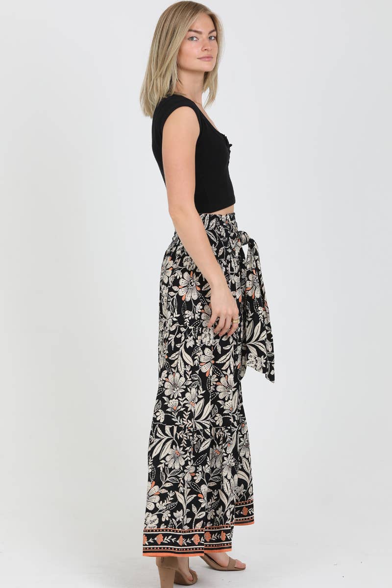 Border Print Tie Waist Pants